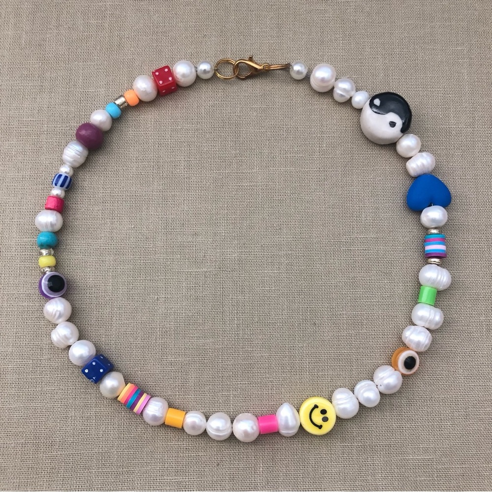 💙🙂 REAL Pearls Smiley Yin Yang Evil Eye Trendy Choker Necklace